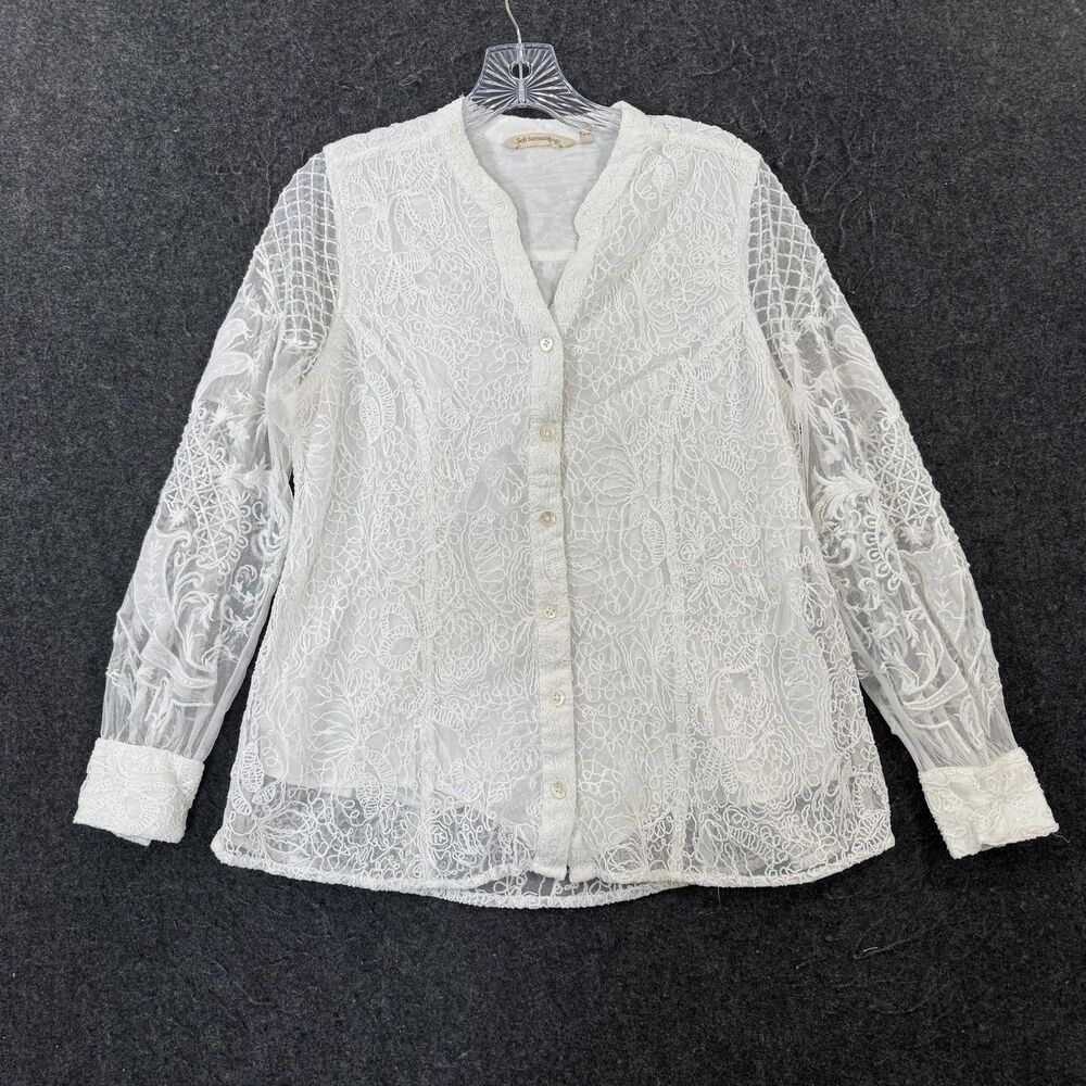 Soft Surroundings Blouse Women's Petite Medium White Lace Embroidered Button Top